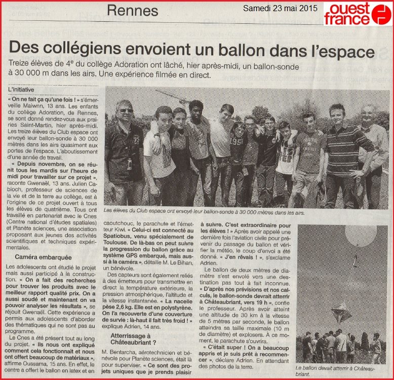 article Ouest France ballon sonde espace collège Rennes Cabioch