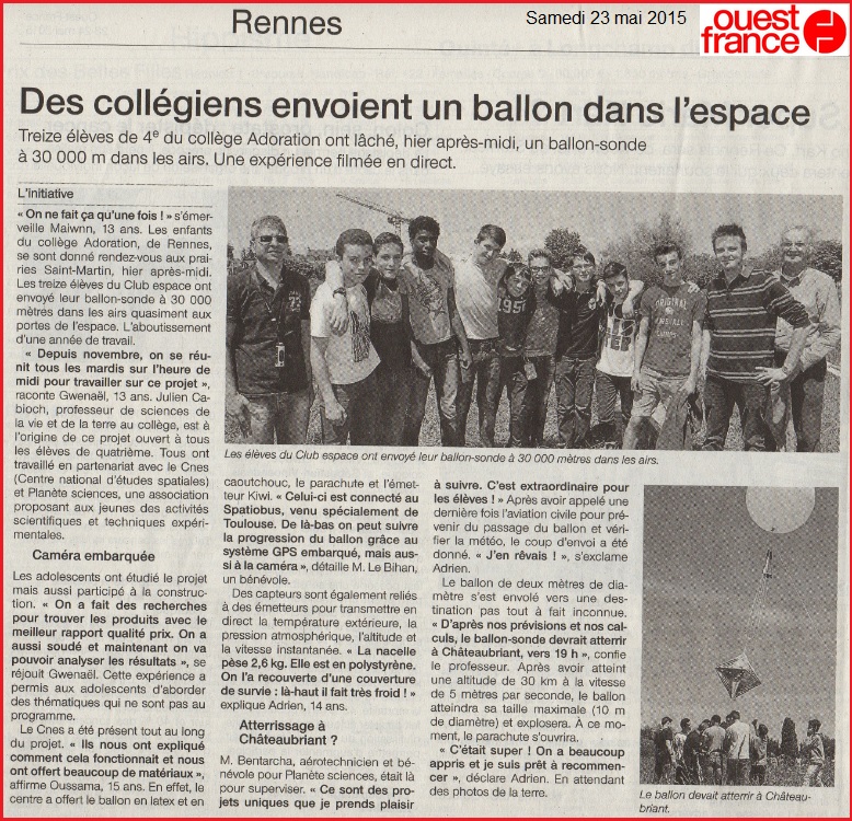 ballon sonde collège Adoration Rennes Article Ouest France