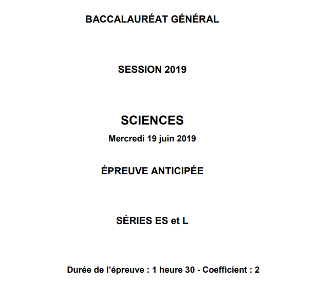Epreuves anticipées Sciences 2019 – Métropole