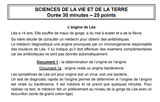 Sujet SVT au DNB 2019 – Amérique du Nord